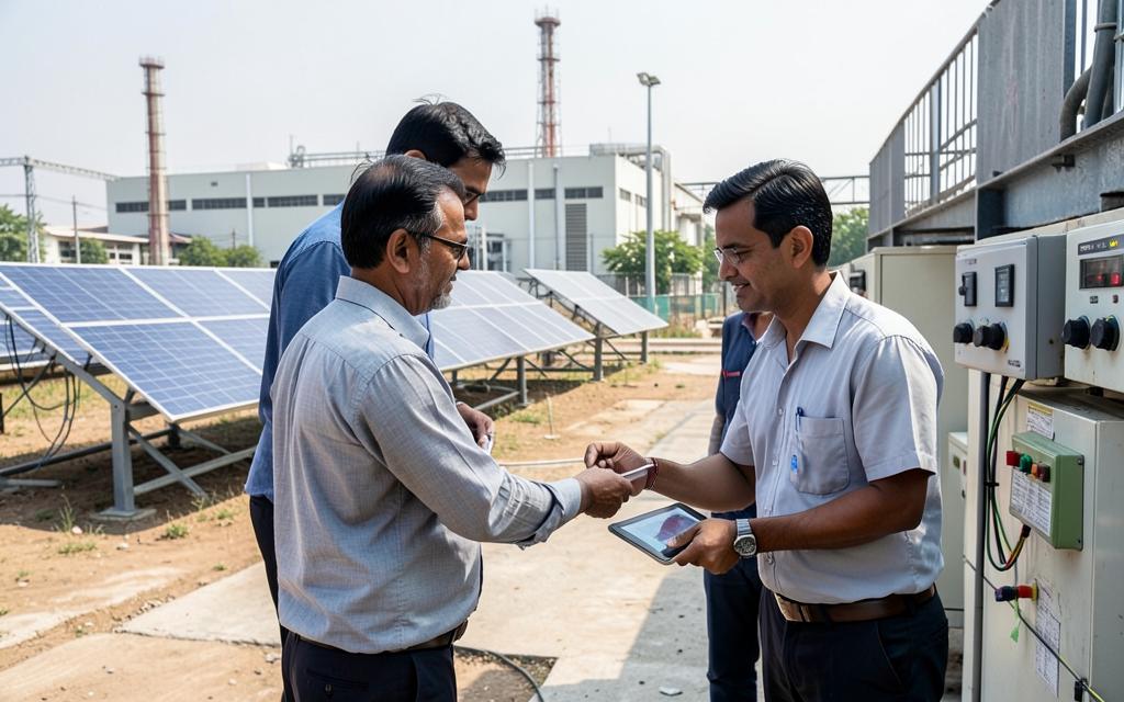 Sustainability professionals measuring energy use and carbon emissions at an Indian factory