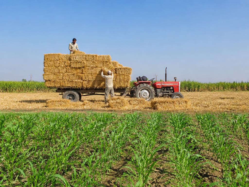 Farmers collecting paddy straw bales in a field instead of burning stubble