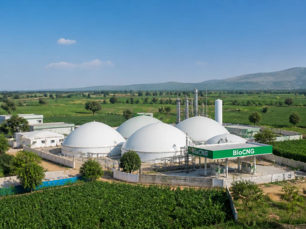 Aerial view of a clean BioCNG plant surrounded by green Indian farmland