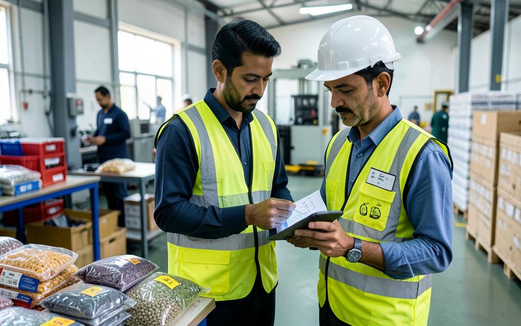 Environmental engineers conducting a life cycle assessment in an Indian manufacturing facility