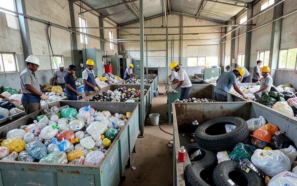 Indian recycling facility sorting plastic packaging and tyres for responsible recovery