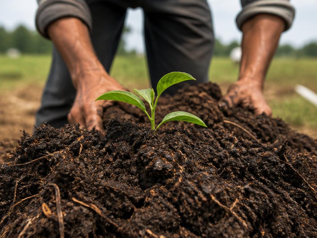 Young plant sprouting from rich fermented organic manure
