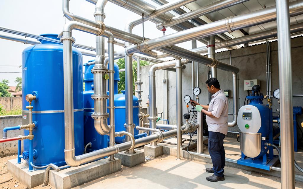 Modern effluent treatment and zero liquid discharge system with an operator inspecting equipment