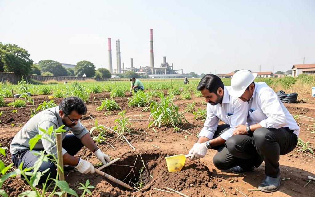 Environmental specialists carrying out a field impact assessment near an Indian industrial site