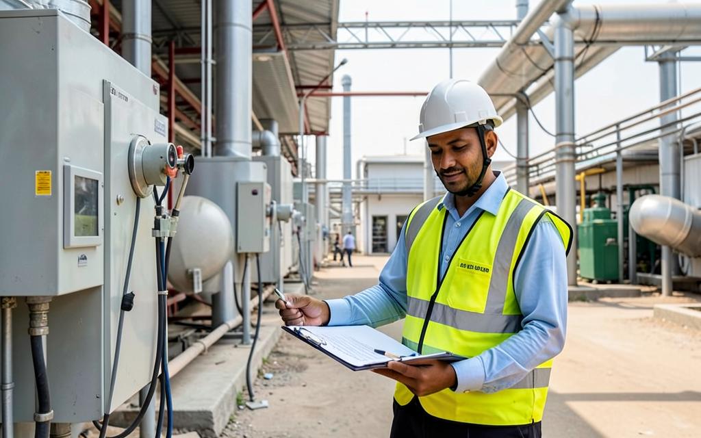 Environmental compliance officer inspecting monitoring equipment at an industrial plant