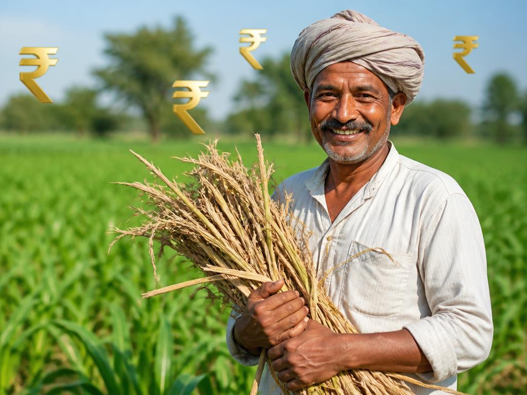 Indian farmer holding crop residue feedstock in a green field