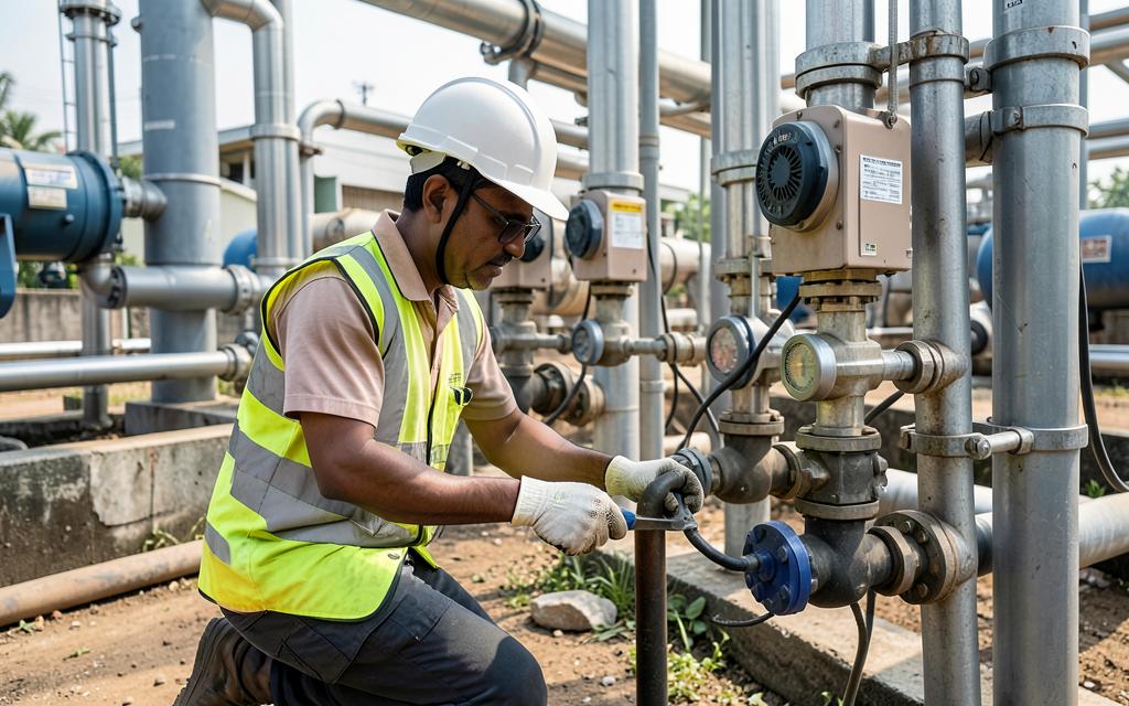 Maintenance technician servicing pumps and valves at a treatment plant