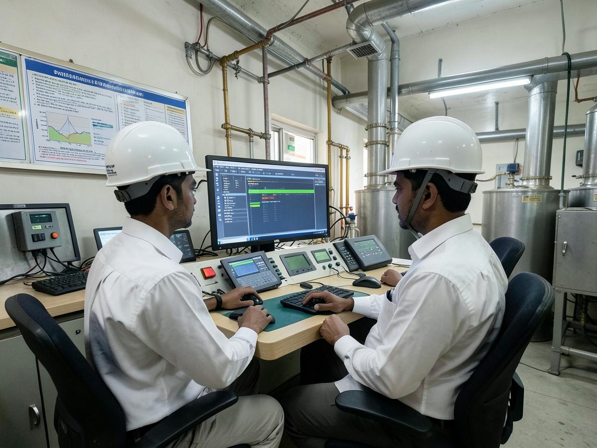 Engineers in safety helmets monitoring plant control screens in a biogas control room