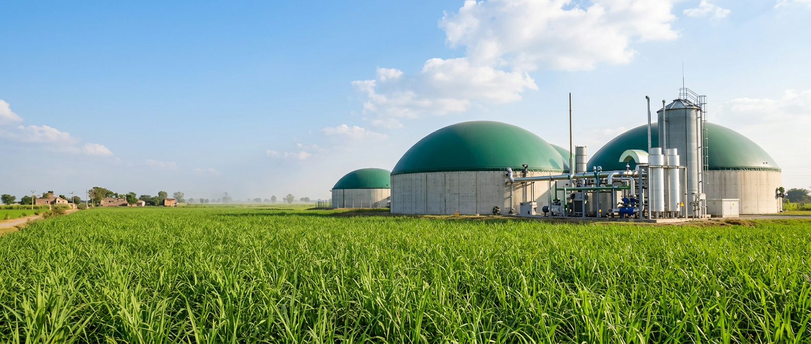 Compressed biogas plant with green dome digesters set among green Indian agricultural fields under a blue sky