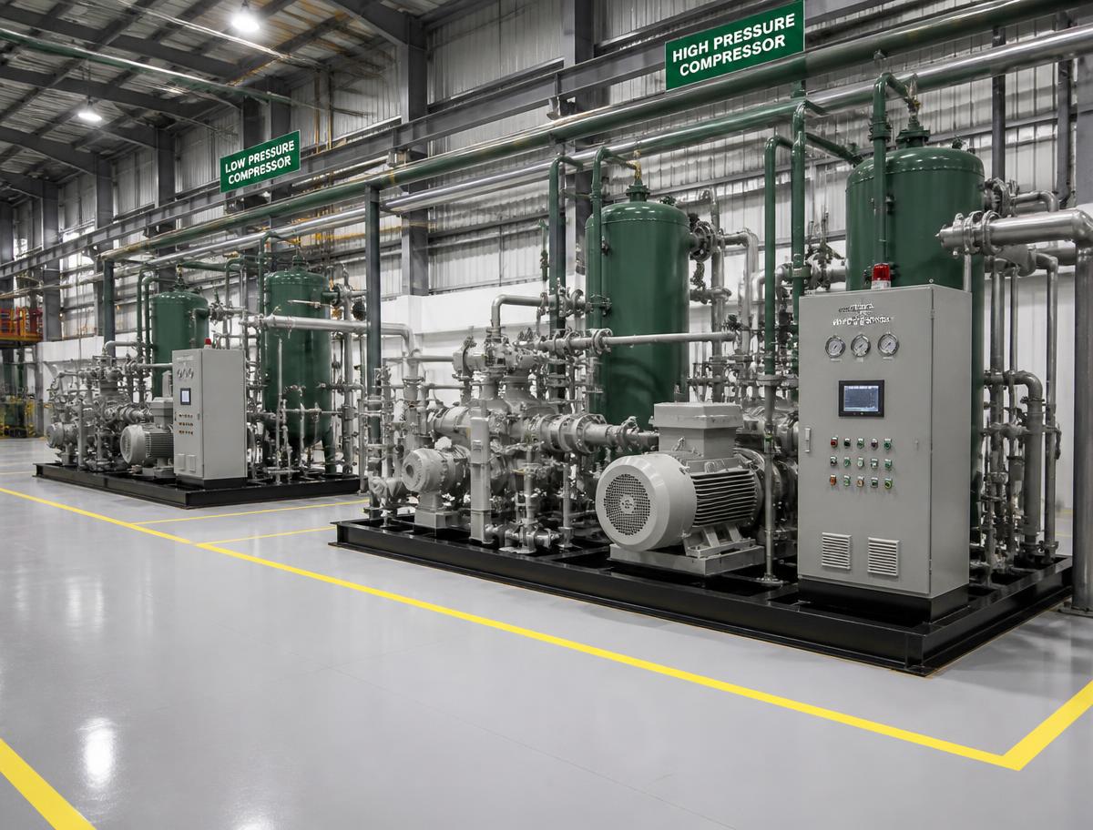 High pressure and low pressure gas compressor skids inside a plant hall